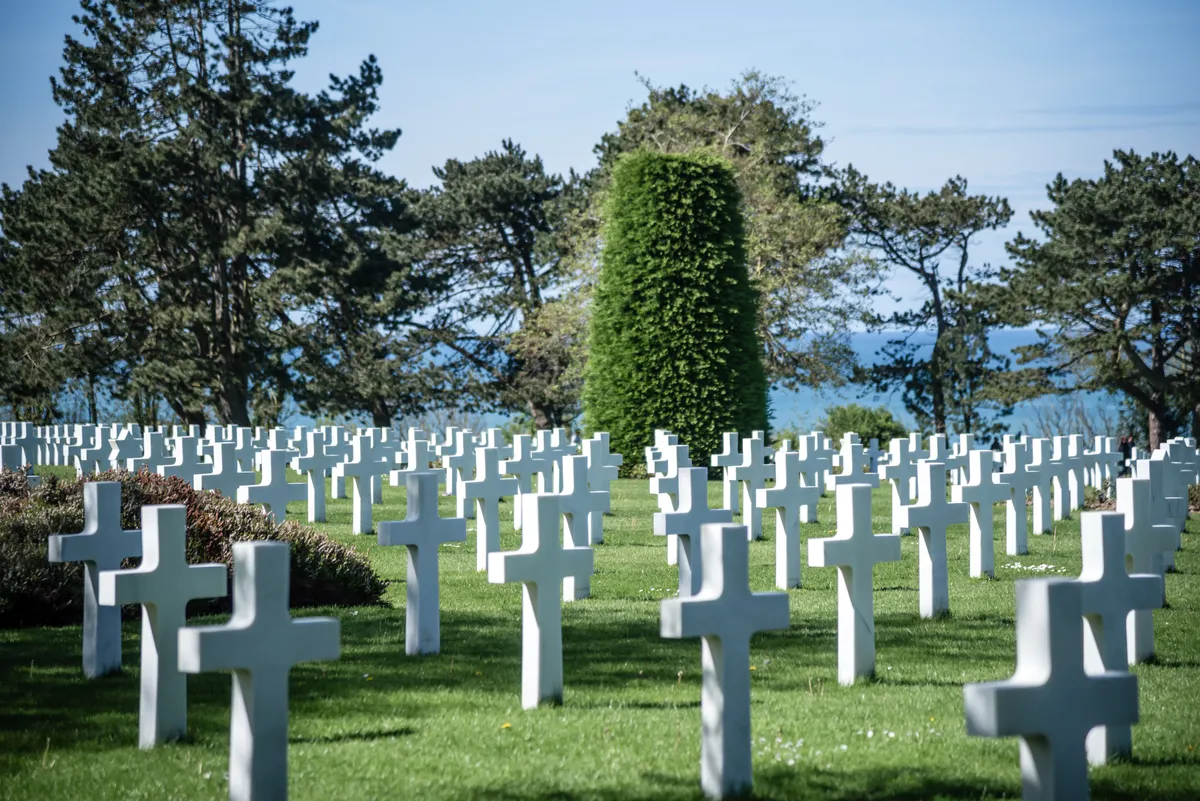 Rows of white crosses at the Normandy American Cemetery
